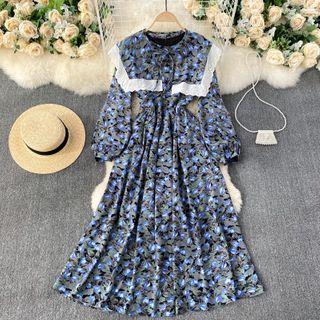 Long-sleeve Floral Print Lace Trim Maxi A-line Dress