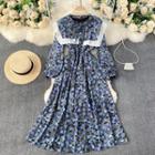 Long-sleeve Floral Print Lace Trim Maxi A-line Dress
