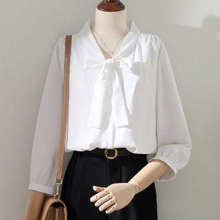 Semi Sleeve V-neck Bow Chiffon Shirt