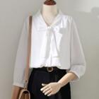 Semi Sleeve V-neck Bow Chiffon Shirt
