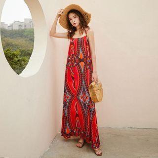 Spaghetti Strap Printed Maxi Beach Dress / Light Jacket