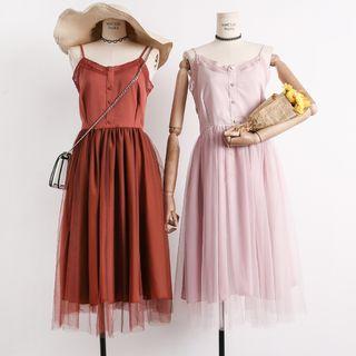 Lace-trim Sleeveless Mesh A-line Dress