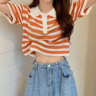 Striped Polo-neck Elbow-sleeve Knit Top
