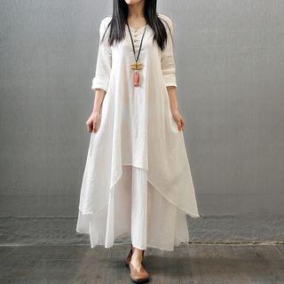 Mock Two Piece Elbow-sleeve Maxi Dress