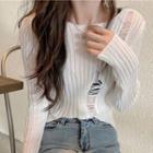 Distressed Cropped Ribbed Sweater