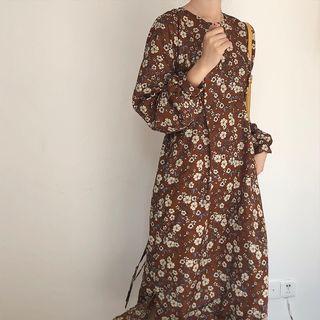 Crewneck Floral Print Midi A-line Dress