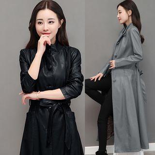 Faux Leather Single Breasted Coat