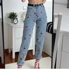 High-waist Cherry Embroidered Washed Straight Leg Mom Jeans