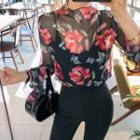 Bell-sleeve See-through Floral Top