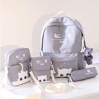 Set: Cat Print Canvas Backpack + Crossbody Bag + Pouch