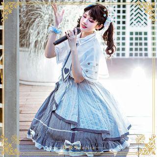 Strappy Print A-line Dress / Cape / Neck Tie / Belt / Brooch / Set