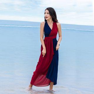 Color Block Sleeveless Chiffon Maxi Sundress