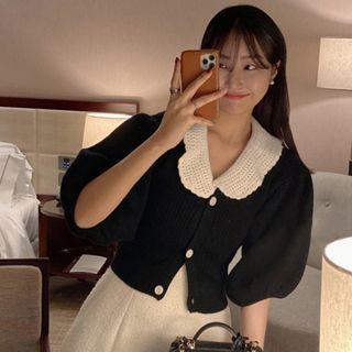 Puff-sleeve Collared Cropped Cardigan