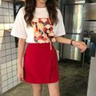 Elbow-sleeve Cartoon Print T-shirt / A-line Mini Skirt