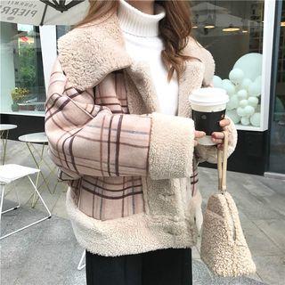Fleece-lined Plaid Jacket Almond - One Size