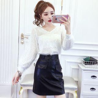 Set: Fringe V-neck Top + Faux Leather A-line Skirt