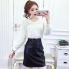 Set: Fringe V-neck Top + Faux Leather A-line Skirt