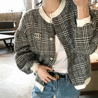 Glen-plaid Faux-pearl Button Jacket