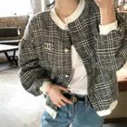 Glen-plaid Faux-pearl Button Jacket