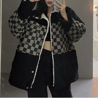 Checkerboard Panel Fleece-lined Button Jacket