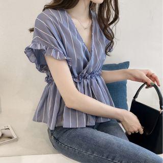 Short-sleeve Striped Frill Trim Chiffon Top / Paneled Printed T-shirt