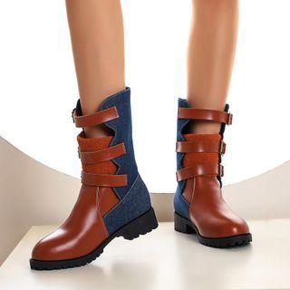 Denim Panel Buckled Cutout Short Boots