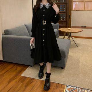 Lace Collar Long Sleeve A-line Shirtdress