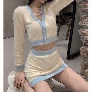 Contrast Trim Cropped V-neck Knit Cardigan / Mini Fitted Skirt