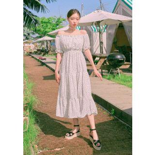 Off-shoulder Dotted Tiered Long Dress