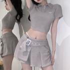 Short-sleeve Cropped Polo Shirt / Mini Pleated Skirt / Belt / Set