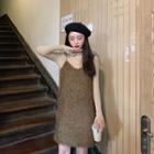 Plain Long-sleeve T-shirt / Fringed Trim Spaghetti Strap Dress