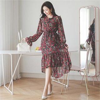Ruffle-trim Floral Print Chiffon Dress