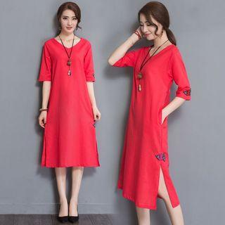 Side Slit Elbow-sleeve Midi Dress