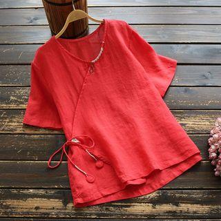 Elbow-sleeve Asymmetric Ribbon Top
