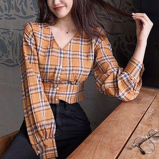 Plaid Lantern-sleeve Cropped Blouse