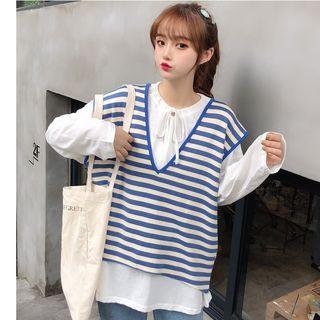 Long-sleeve Lace-up T-shirt / Striped Vest