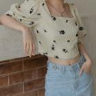 Square-neck Rose Print Short-sleeve Cropped Blouse