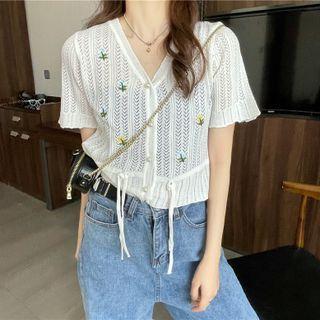 Short-sleeve Floral Drawstring Cardigan