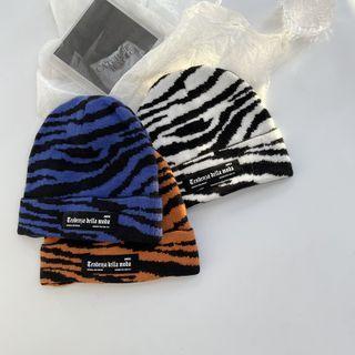 Lettering Zebra Print Knit Beanie