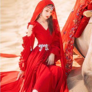Long-sleeve A-line Dress / Headscarf / Waist Chain / Set