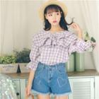 Frilled Plaid Elbow-sleeve Blouse