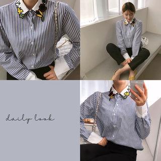 Flower-embroidery Stripe Shirt Sky Blue - One Size