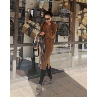 Mockneck Wool Blend Rib Knit Dress Brown - One Size