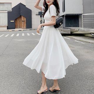 V-neck Short-sleeve Chiffon Midi A-line Dress