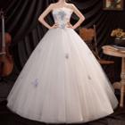 Floral Embroidered Strapless Mesh Wedding Ball Gown