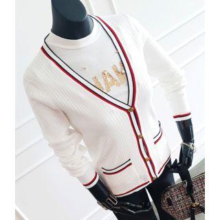 Metallic-button Stripe-trim Cardigan