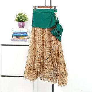 Tie-waist Asymmetric Dotted Chiffon Skirt Khaki - One Size