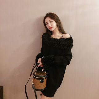 Off-shoulder Long-sleeve Knit Dress Dress - One Size