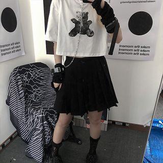 Elbow-sleeve Bear Print Cropped T-shirt White - One Size