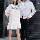Contrast Trim Collared Mini A-line Dress / Long-sleeve Shirt